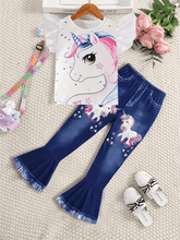 Summer girls fashion trend set, 2 - piece peplum cartoon unicorn T-shirt and faux denim print bell bottoms Girls Jumpsuit - Xprespick